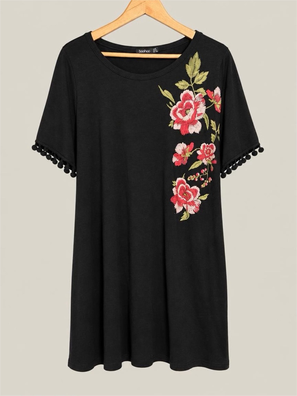 Boohoo Black Tunic with Pink Floral Embroidery and Pom Trim - 20